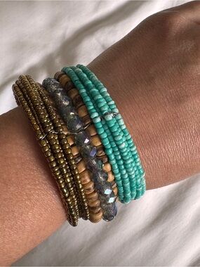 Beaded Multi-Strand Bracelet Stack - Turquoise, Gold, Wood